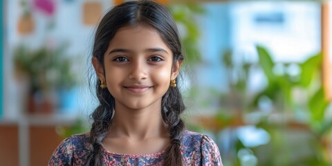 Young girl with long hair and colorful dress