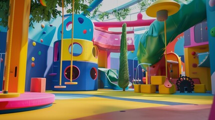 An innovative and inclusive play area with sensory play equipment, accessible swings, and colorful structures