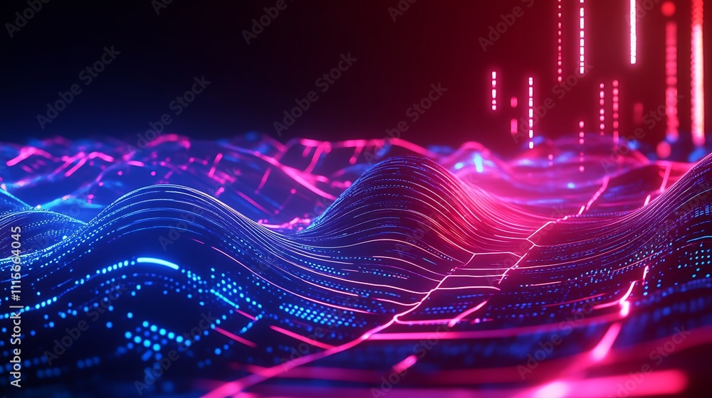 Poster abstract digital waves with neon lights and futuristic patterns for technology and cyber design conc