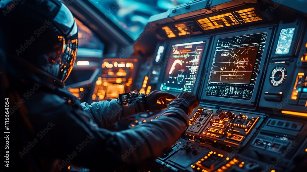Poster astronaut operating a high-tech spacecraft control panel.