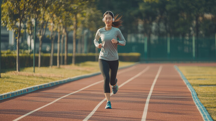 Fototapeta premium Asian woman in athletic wear running on outdoor track in daylight