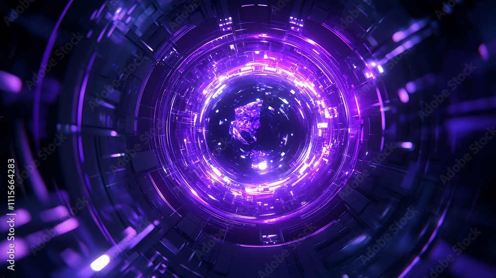 Poster abstract futuristic background with circular neon light patterns in purple color for digital art and