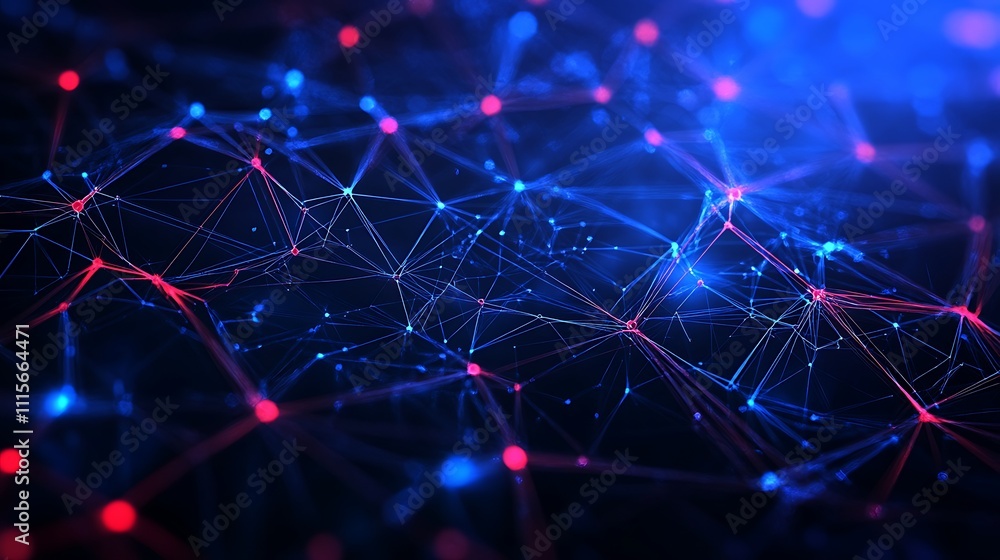 Poster abstract futuristic background with interconnected lines and glowing nodes in blue and red tones