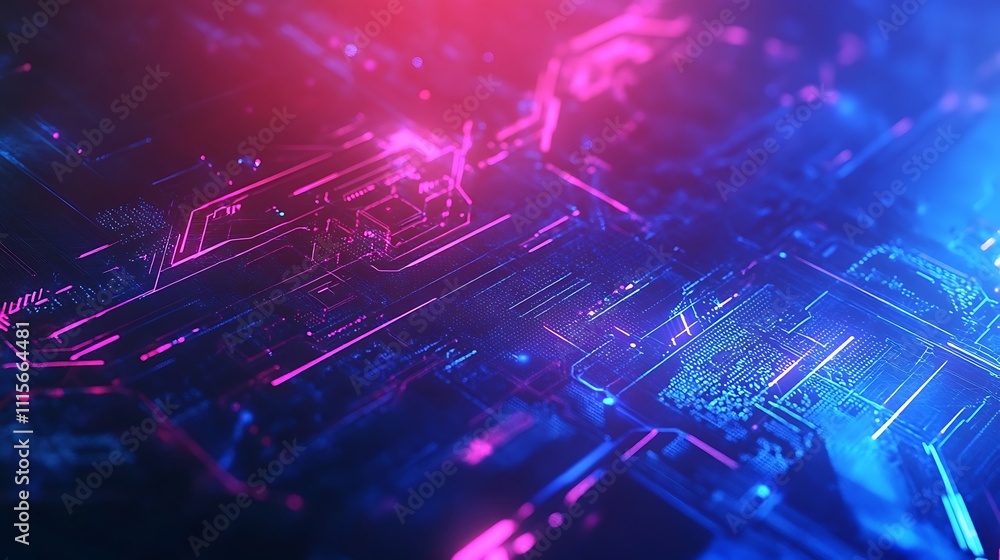 Poster abstract futuristic background with neon lights and circuit patterns in blue and pink gradient color