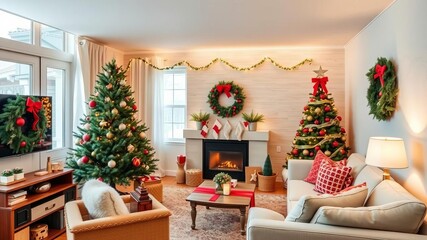 Obraz premium Cozy living room decorated for Christmas with a beautifully lit tree, a festive wreath, and holiday decorations, interior, vacation rentals
