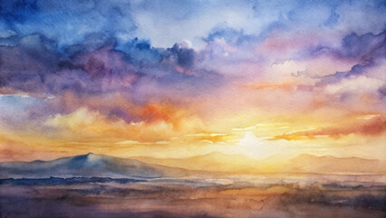 Fototapeta premium A painting of a sunset with a mountain in the background