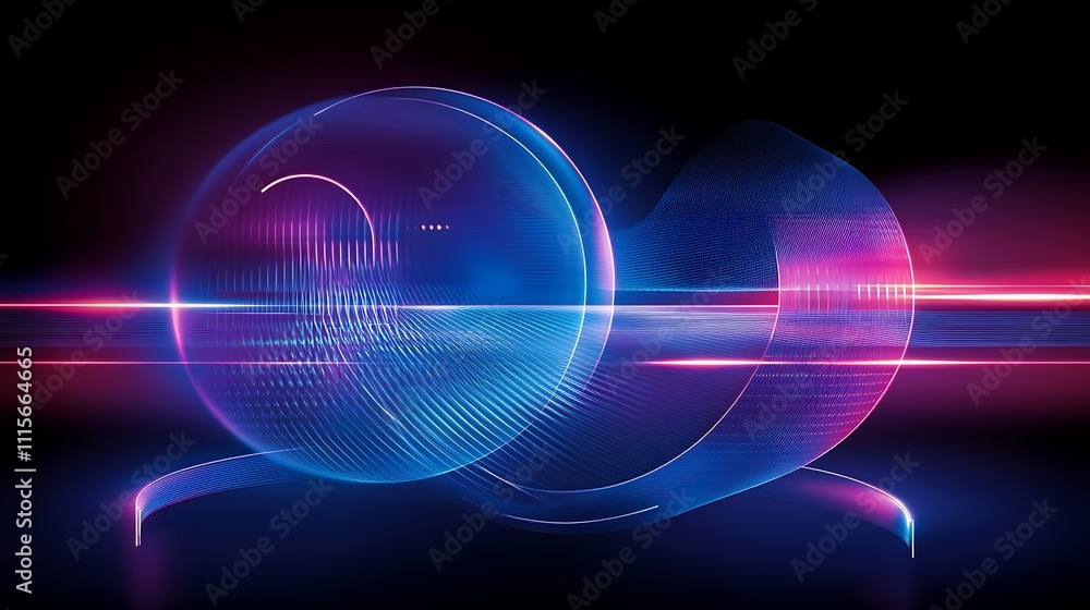 Poster abstract futuristic design with glowing lines and smooth shapes in vibrant colors on a black backgro