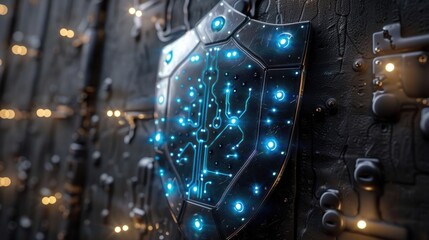 Fototapeta premium A futuristic shield design with glowing circuitry against a textured background.