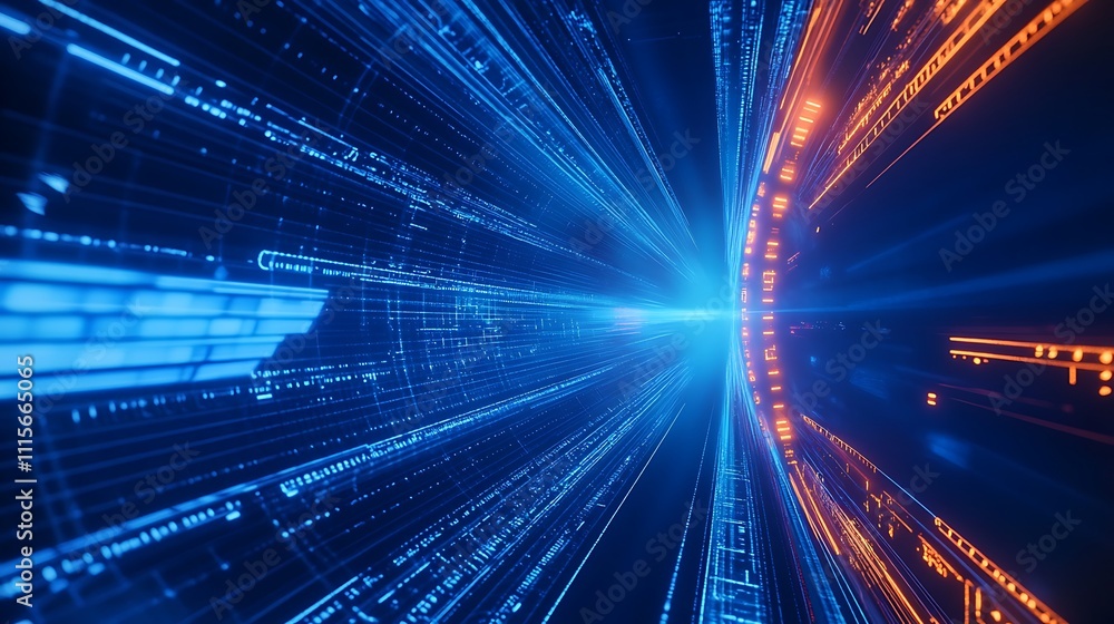 Poster abstract futuristic illustration of light beams and digital patterns flowing in a virtual space envi