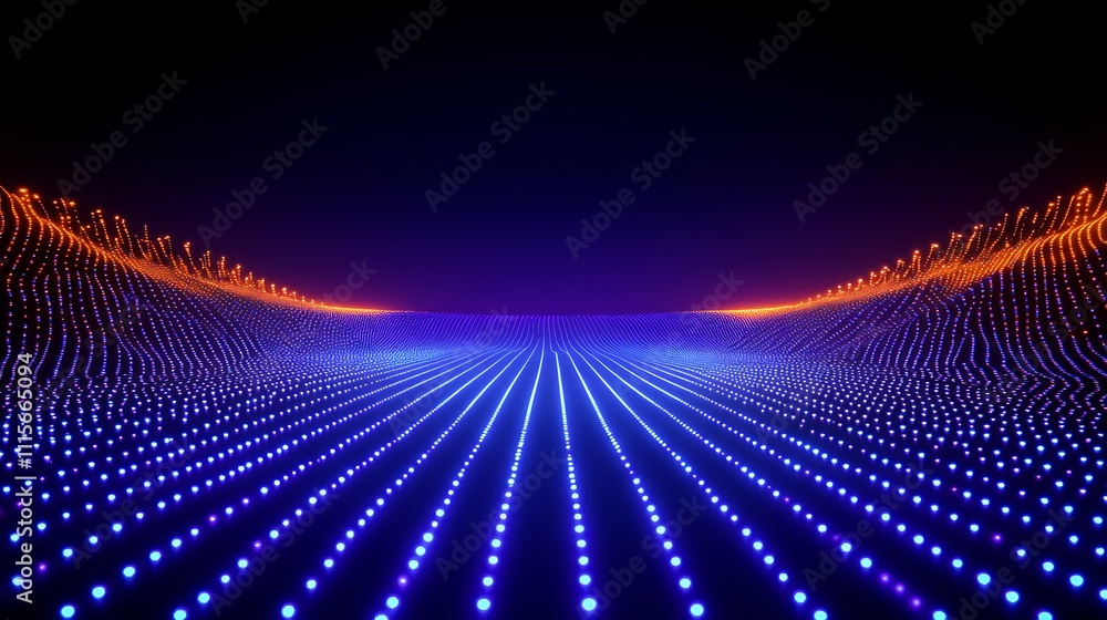Poster abstract futuristic landscape with blue and orange light waves in digital grid pattern and dark back