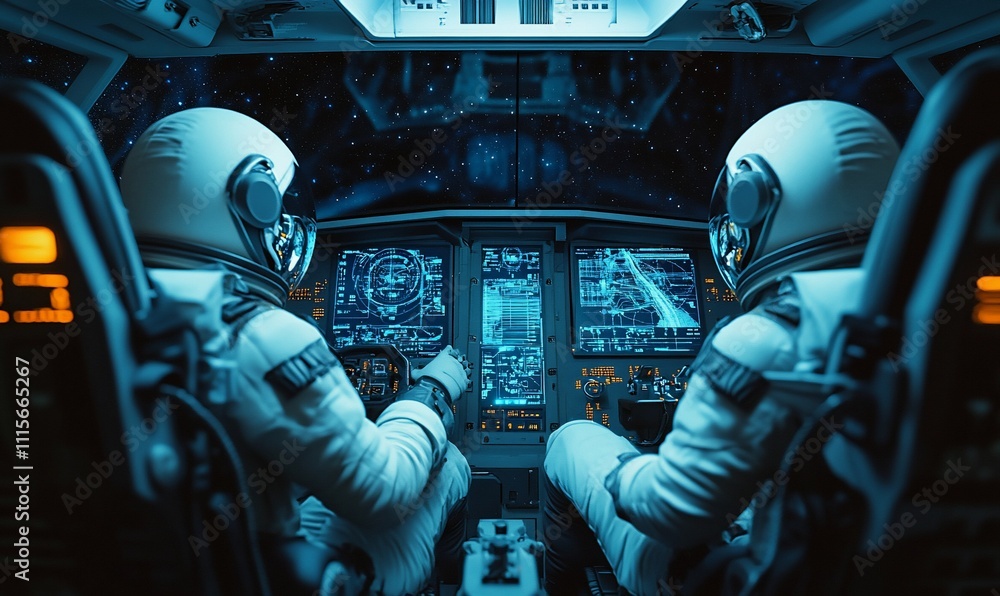 Poster astronauts in a spacecraft cockpit navigating through space.
