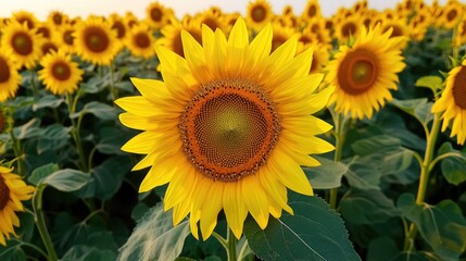 Fototapeta premium Vibrant Sunflower Field at Sunset Capturing the Beauty of Nature with Bright Yellow Blooms and Lush Green Leaves in a Serene Rural Setting
