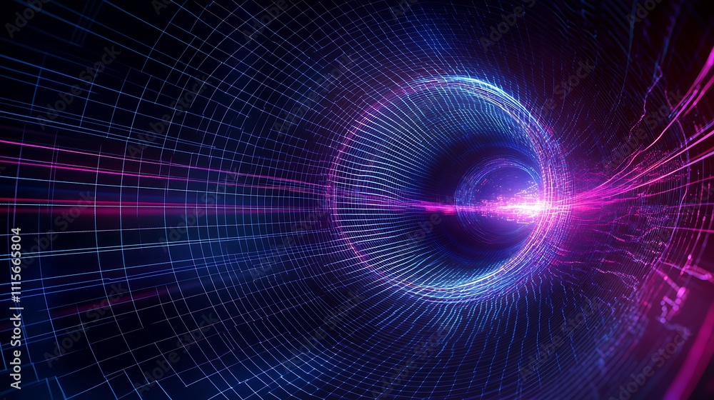 Poster abstract futuristic tunnel with glowing lines and digital patterns in blue and pink tones