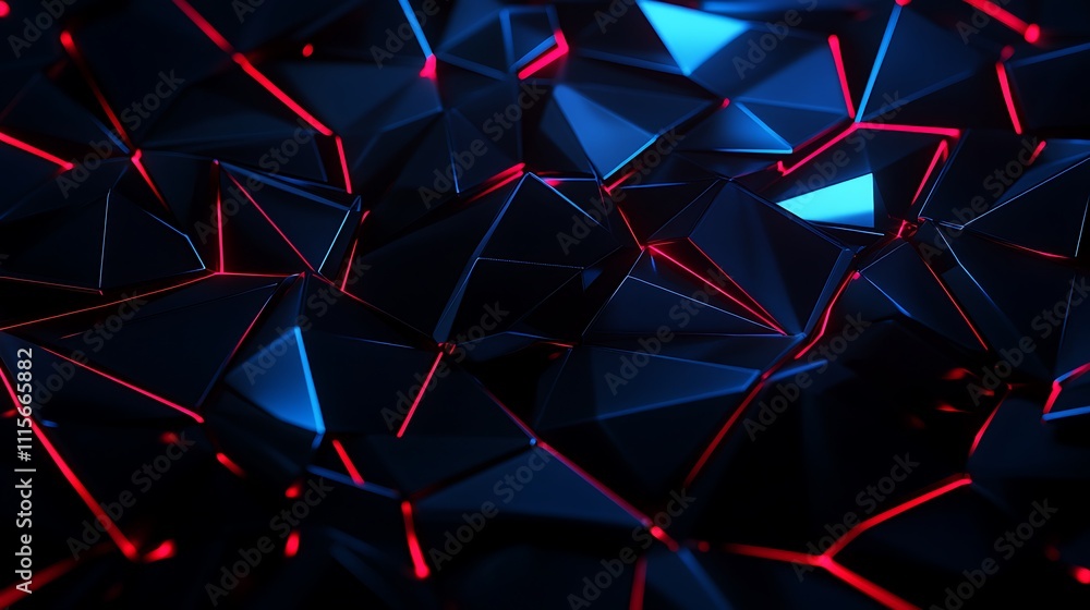 Poster abstract geometric background with sharp edges and glowing red and blue highlights in dark tone