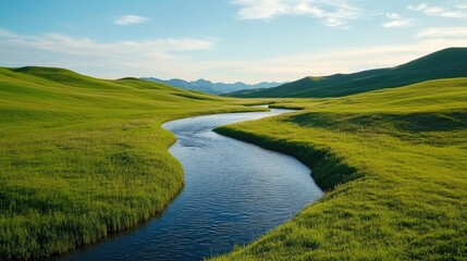 Obraz premium Serene Landscape with Meandering River and Rolling Green Hills Under a Clear Blue Sky