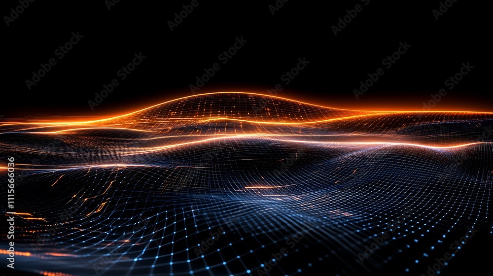 Poster abstract glowing wave patterns in dark background with vibrant lines and illuminated grid structure
