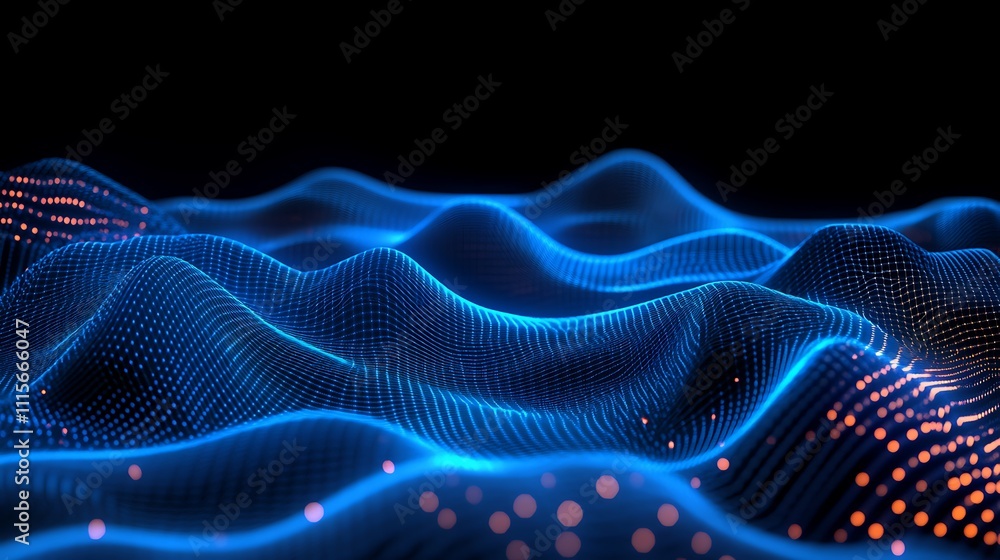 Poster abstract glowing waves of blue light with digital particles creating a dynamic and futuristic landsc