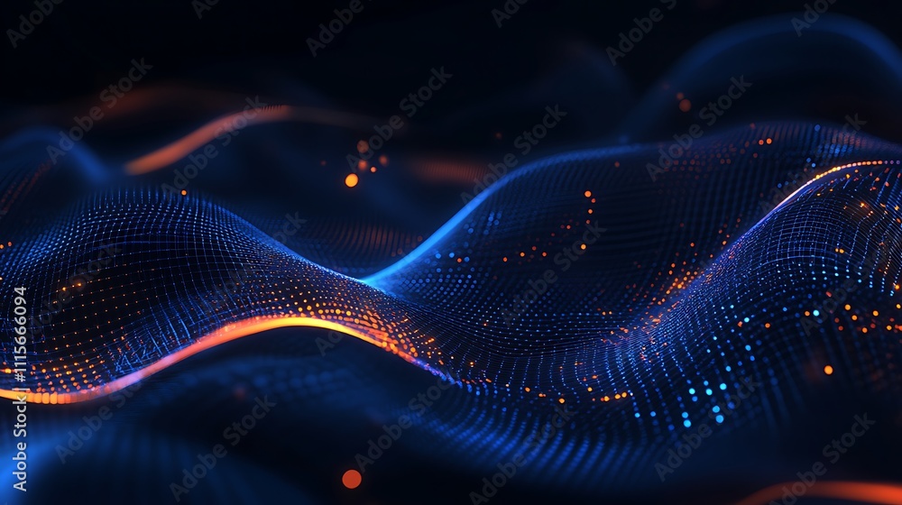 Poster abstract glowing waves with digital particles in blue and orange tones, creating a futuristic backgr