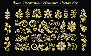 Vine Decoration Elements Vector Set, Elegant and Ornamental Vine Designs, Perfect for Invitations, Branding, Scrapbooking, Textile Patterns, Nature-Themed Graphics, Wallpaper, and Decorative Projects