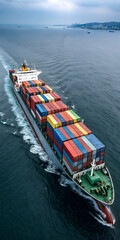 Fototapeta premium Cargo Vessel Approaching Port with Multicolored Containers
