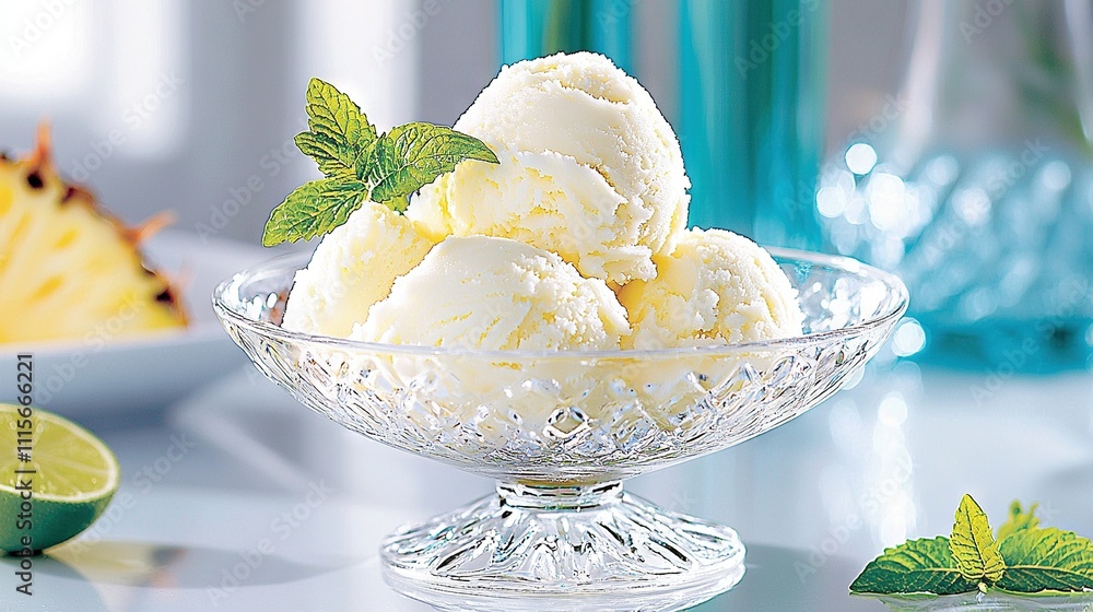 Poster a close-up of a bowl of ice cream with a slice of lime on a table next to another bowl of ice cream