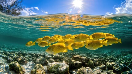 Obraz premium Vibrant Yellow Fish Swimming in Clear Tropical Waters Under a Bright Sunlit Sky with Rocky Ocean Floor
