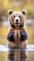 Obraz premium Majestic Brown Bear Standing in Water with Golden Reflections in a Serene Natural Habitat