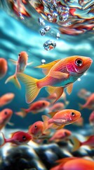 Fototapeta premium Vibrant Underwater Scene with Colorful Fish Swimming in Crystal Clear Ocean Water with Bubbles