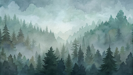 A painting of a forest with trees and a misty sky
