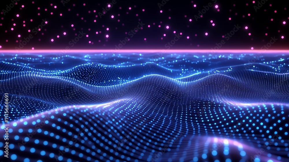 Poster abstract neon waves with dots in dark space and bright horizontal light in futuristic digital concep