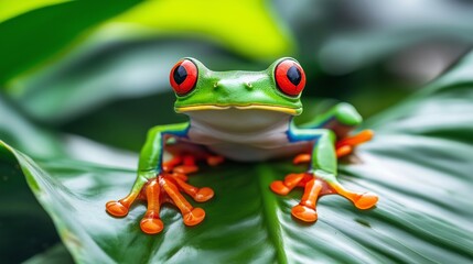 Obraz premium The vibrant and striking red-eyed tree frog perched on lush green leaves