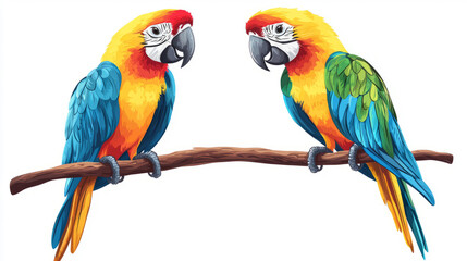Obraz premium Colorful parrot couple sitting on a branch facing each other
