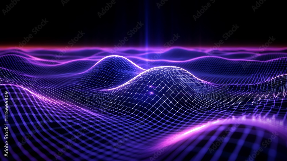 Aufkleber abstract neon waves with grid pattern and vibrant colors, representing digital technology and futuri