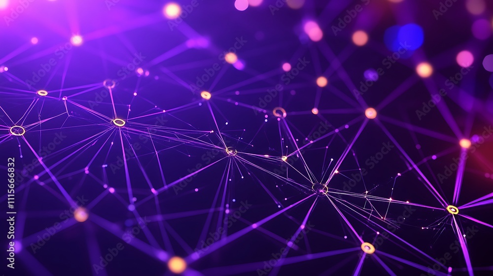 Poster abstract network connection design with glowing lines and nodes over a purple background