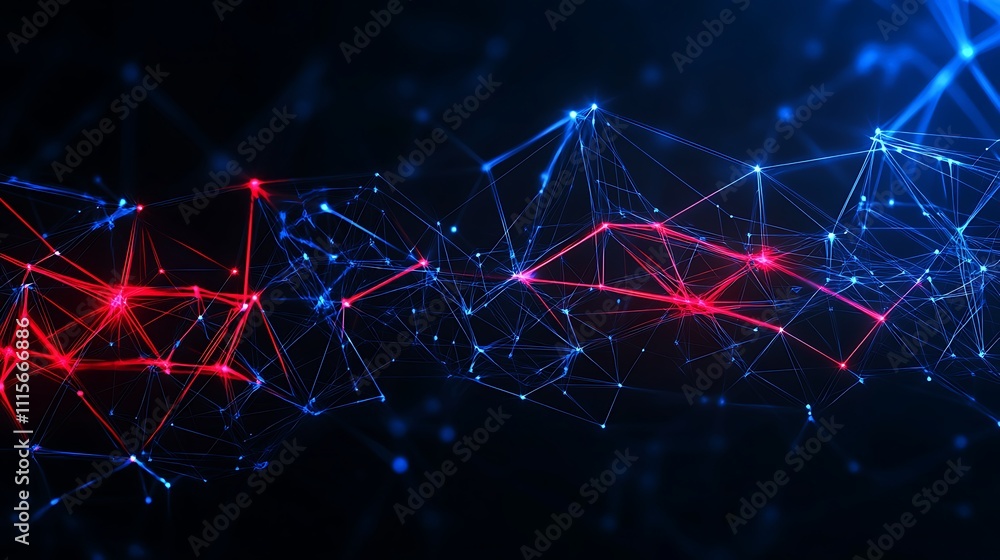 Poster abstract network connection with luminous red and blue lines, glowing dots on a dark background