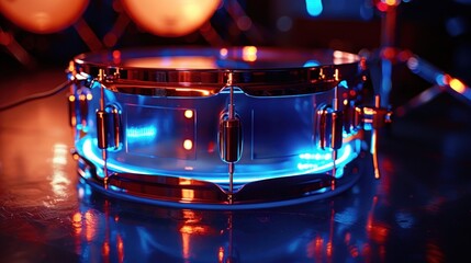 A close-up of a snare drum illuminated with colorful lights, showcasing its design and shine.