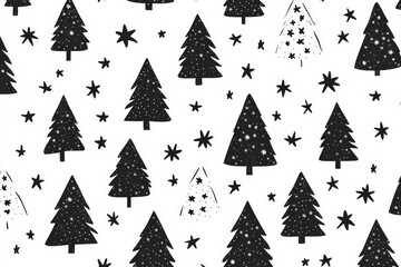 Obraz premium Stylish black tree silhouettes interspersed with whimsical star motifs create a chic backdrop, embodying modern holiday cheer in a contemporary design.