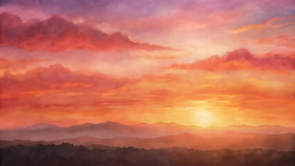 Fototapeta premium A painting of a sunset with a mountain range in the background