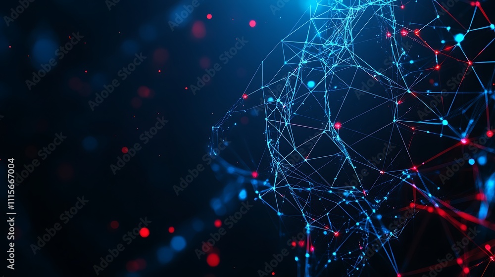 Poster abstract network connections in red and blue colors representing digital concept of technology and c
