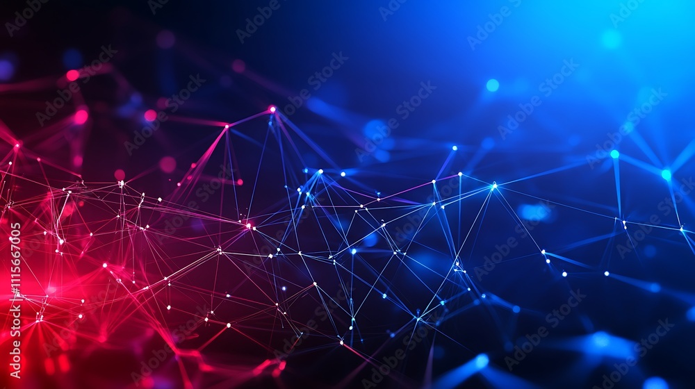 Poster abstract network connections in red and blue with glowing dots and lines representing data transfer 