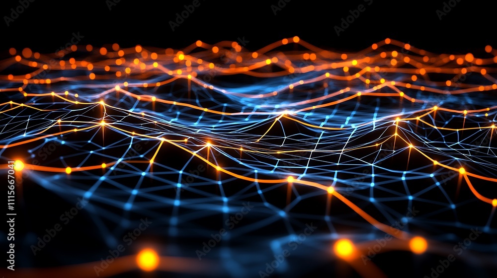 Poster abstract network visual with glowing nodes and waves in blue and orange colors on dark background