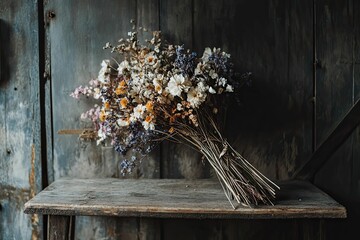 Obraz premium Dried flower bouquet rests on rustic wooden table.