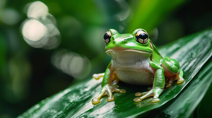 Naklejka premium Cute green frog sitting on a leaf in a lush rainforest