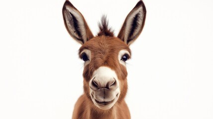 The donkey looks into the camera lens, close-up of the funny muzzle