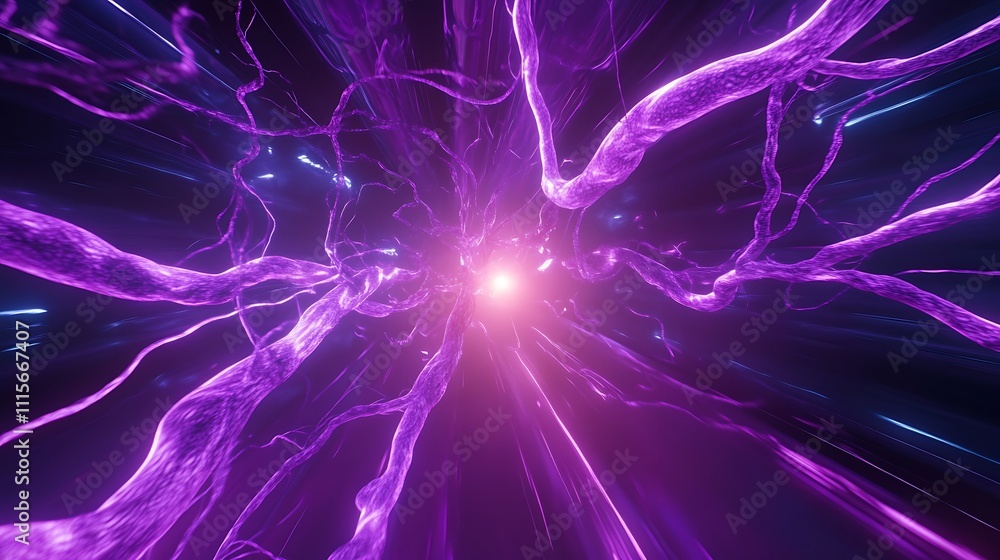 Poster abstract purple light rays in a dynamic neural network background for futuristic concepts and design