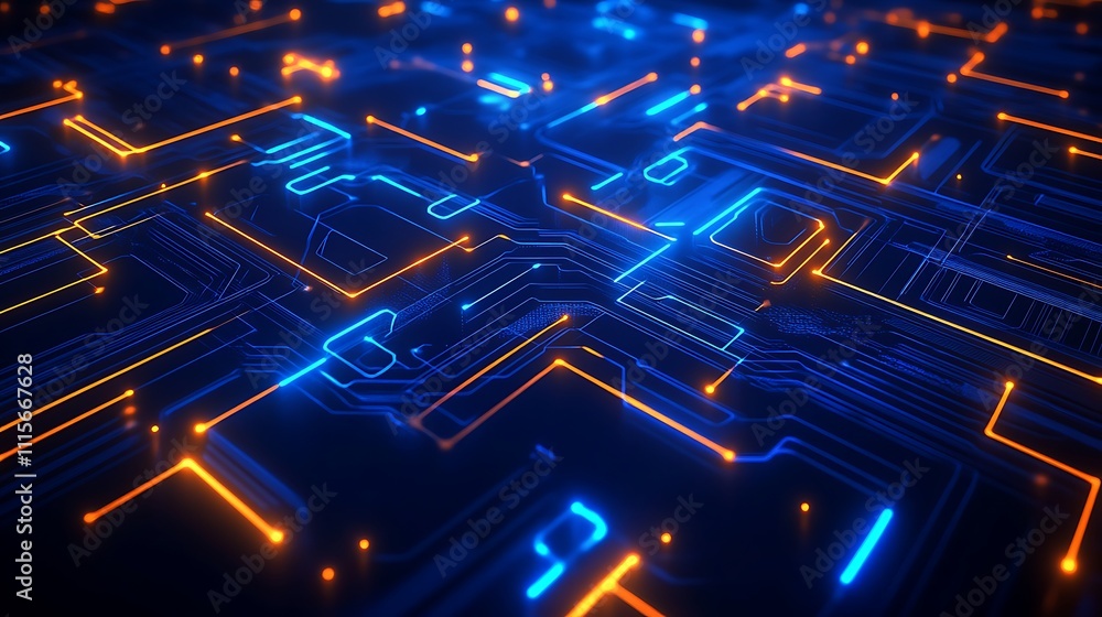 Poster abstract technology background with blue and orange glowing lines on dark surface for digital design