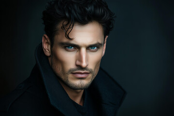 Fototapeta premium Headshot of a handsome, muscular man with wavy black hair and blue eyes, a serious expression, against a dark background with soft lighting, facing forward, strong jawline . He is wearing a black coat
