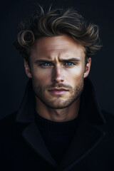 Fototapeta premium Headshot of a handsome, muscular man , wavy blond hair and blue eyes, a serious expression, against a dark background with soft lighting, facing forward, strong jawline . He is wearing a black coat 
