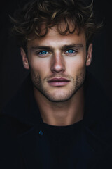 Obraz premium Headshot of a handsome, muscular man , wavy blond hair and blue eyes, a serious expression, against a dark background with soft lighting, facing forward, strong jawline . He is wearing a black coat 