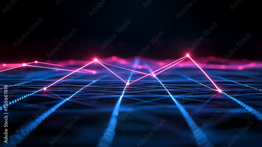 Poster abstract technology background with glowing lines and networks in blue and pink colors